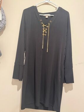 Michael Kors Black Long Sleeve Lace-Up V-Neck Dress with Gold Accents